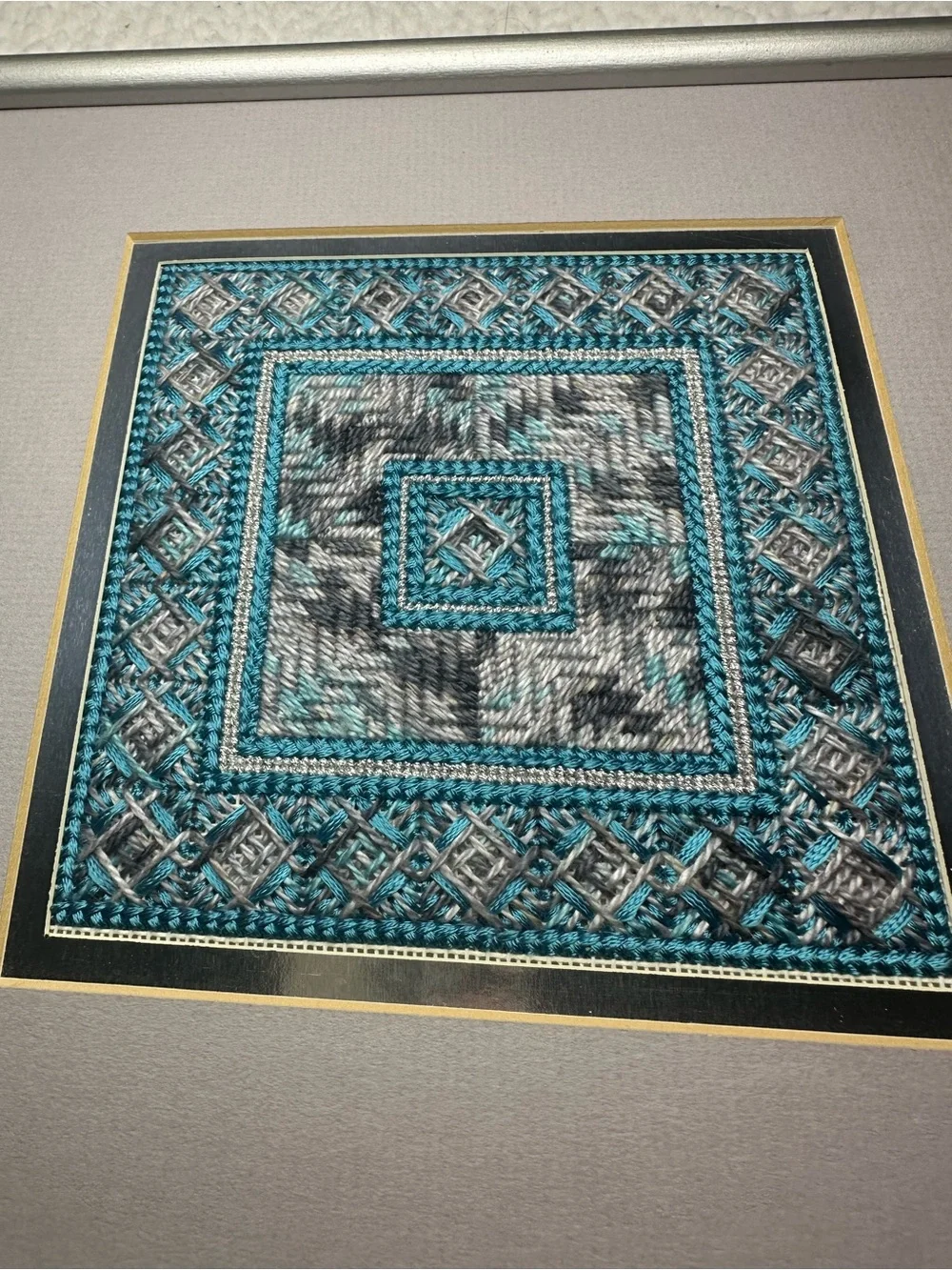 Framed Teal Gray Geometric Yarn Needlepoint Embroidery Wall Art  9 3/4” square